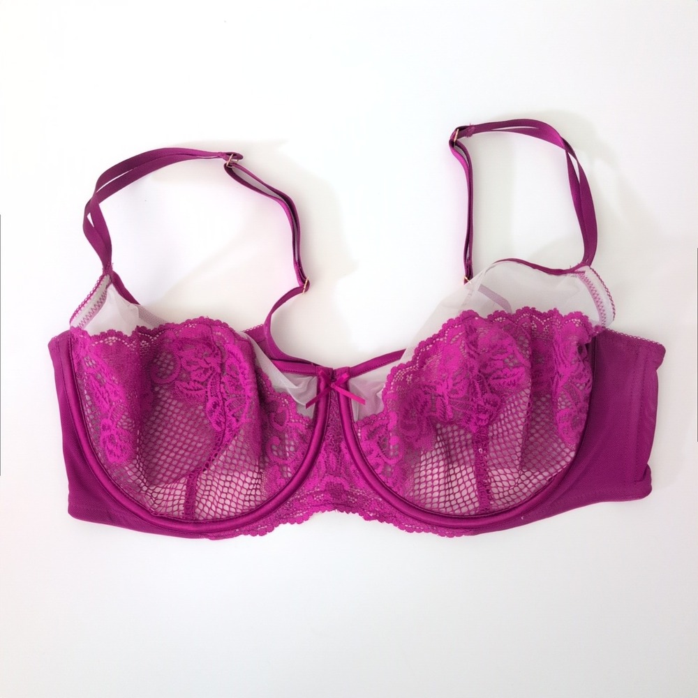 Cacique Magenta Purple Floral Lace Mesh Unlined Full Coverage Underwire Bra 40DD